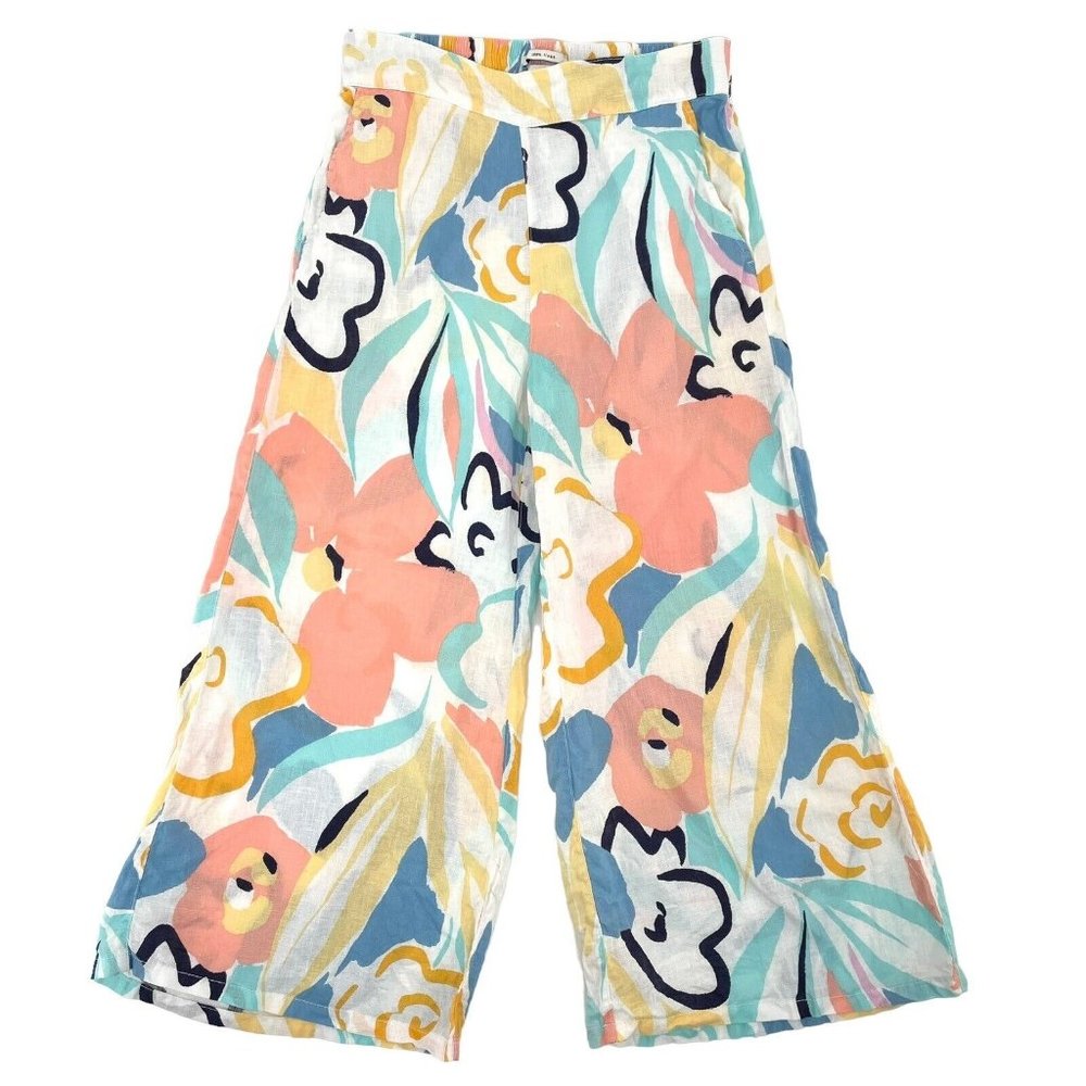 Rachel Zoe 100% Linen Abstract Floral Pastel Wide Leg Pants Boho size Small